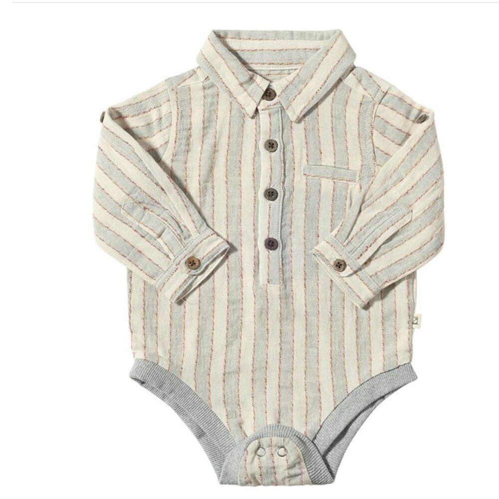 Me and Henry tan and gray strip long sleeve button front shirt one piece 3-6 m